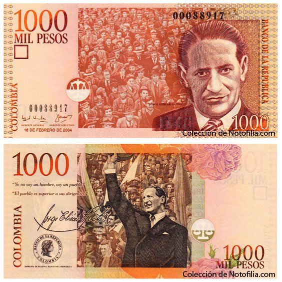 Billete de Mil Pesos de El Banco de la República, Colombia, fechado 16 de febrero de 2004, con el retrato de Jorge Eliécer Gaitán