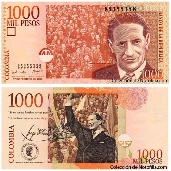 Billete de Mil Pesos de El Banco de la República, Colombia, fechado 17 de febrero de 2004, con el retrato de Jorge Eliécer Gaitán