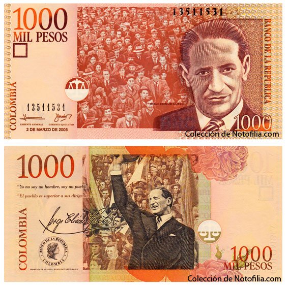 Billete de Mil Pesos de El Banco de la República, Colombia, fechado 2 de marzo de 2005, con el retrato de Jorge Eliécer Gaitán