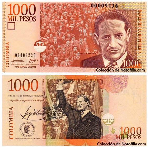 Billete de Mil Pesos de El Banco de la República, Colombia, fechado 3 de marzo de 2005, con el retrato de Jorge Eliécer Gaitán