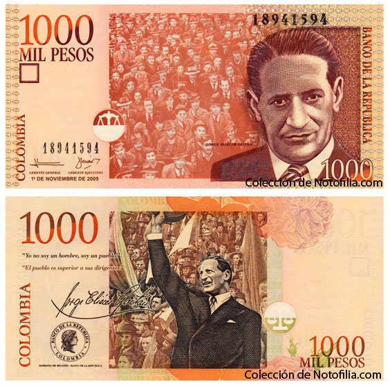 Billete de Mil Pesos de El Banco de la República, Colombia, fechado 1 de noviembre de 2005, con el retrato de Jorge Eliécer Gaitán