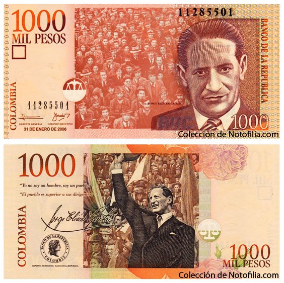 Billete de Mil Pesos de El Banco de la República, Colombia, fechado 31 de enero de 2006, con el retrato de Jorge Eliécer Gaitán