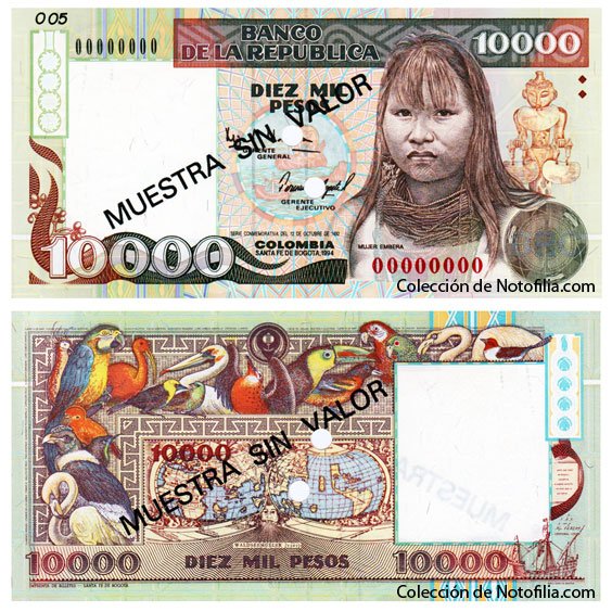 Billete especimen de Diez Mil Pesos de El Banco de la República, anverso y reverso, con el retrato de una mujer emberá y biodiversidad colombiana