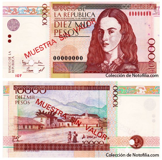 Billete especimen de Diez Mil Pesos de El Banco de la República, Colombia, fechado 1 de marzo de 1995, con el retrato de Policarpa Salavarrieta y una escena rural en el reverso