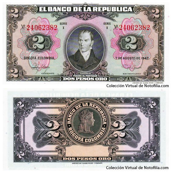 Billete de Dos Pesos Oro de El Banco de la República, anverso con el retrato de Camilo Torres Tenorio y reverso con un medallón de la Mariana de la Libertad