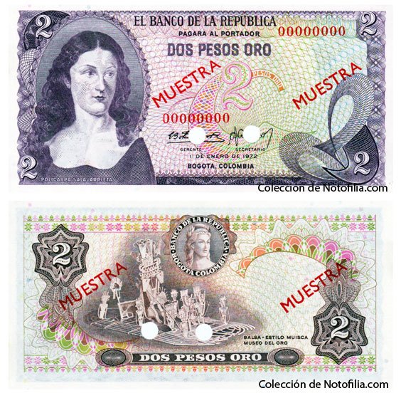 Billete especimen de Dos Pesos Oro de El Banco de la República, Colombia, fechado 1 de enero de 1972, anverso con el retrato de Policarpa Salavarrieta y reverso con una balsa muisca