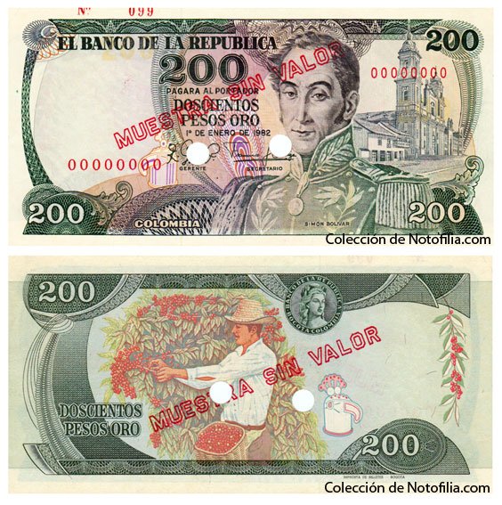 Billete especimen de Doscientos Pesos Oro de El Banco de la República, anverso y reverso, con el retrato de Simón Bolívar y una recolectora de café