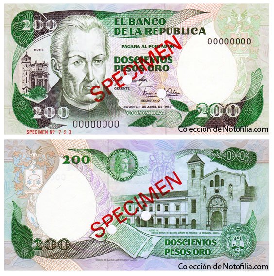 Billete especimen de Doscientos Pesos Oro de El Banco de la República, Colombia, fechado 1 de abril de 1983, anverso con el retrato de José Celestino Mutis y reverso con el Claustro de Nuestra Señora del Rosario