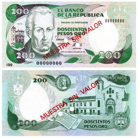 Billete especimen de Doscientos Pesos Oro de El Banco de la República, Colombia, fechado 10 de agosto de 1992, anverso con el retrato de José Celestino Mutis y reverso con el Claustro de Nuestra Señora del Rosario