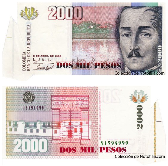 Billete colombiano de Dos Mil Pesos de 1996 con un error de corte descentrado