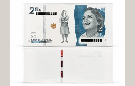 Prueba de impresión progresiva del 2.000 pesos del Banco de la República con Débora Arango (P-458b): anverso parcial y reverso en blanco