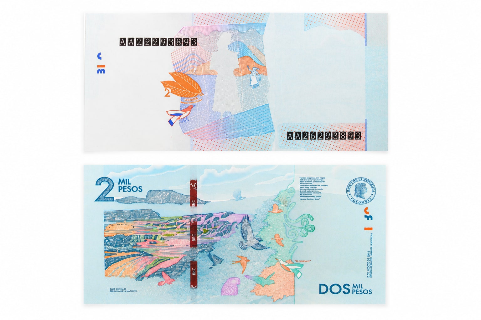 Prueba de impresión progresiva del 2.000 pesos del Banco de la República con Débora Arango (P-458b): anverso incompleto y reverso de Caño Cristales impreso
