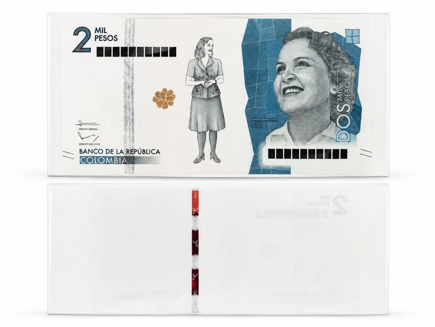 Prueba de impresión progresiva del 2.000 pesos del Banco de la República con Débora Arango (P-458b): anverso parcial y reverso en blanco
