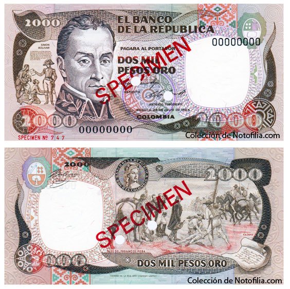 Billete especimen de Dos Mil Pesos Oro de El Banco de la República, anverso y reverso, con el retrato de Simón Bolívar