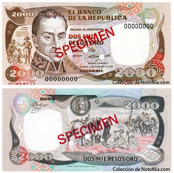 Billete specimen de 2.000 pesos oro de 1985 del Banco de la República de Colombia, con el retrato de Simón Bolívar y numeración de muestra