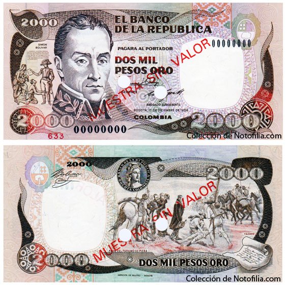 Billete especimen de Dos Mil Pesos Oro de El Banco de la República, Colombia, fechado 17 de diciembre de 1986, anverso con el retrato de Simón Bolívar y reverso con la Batalla del Pantano de Vargas, sobreimpresión MUESTRA SIN VALOR