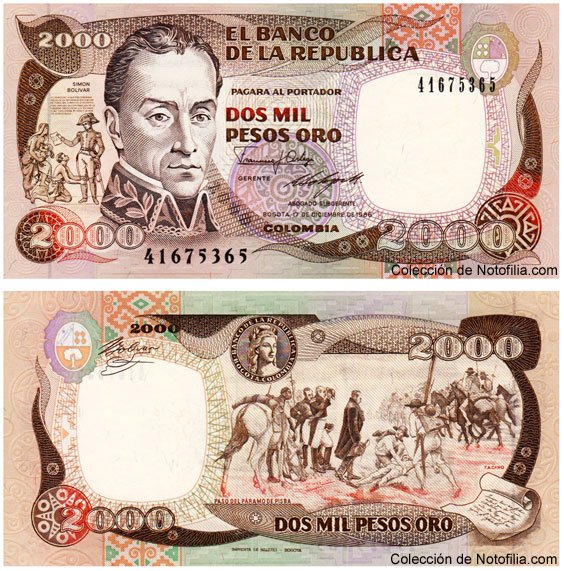 Billete circulado de Dos Mil Pesos Oro de El Banco de la República, Colombia, fechado 17 de diciembre de 1986, anverso con el retrato de Simón Bolívar y reverso con la Batalla del Pantano de Vargas
