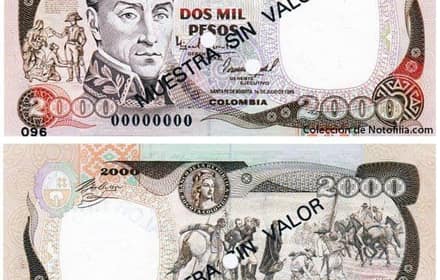 Billete colombiano specimen de 2.000 pesos oro de 1993, impreso por la Imprenta de Billetes del Banco de la República