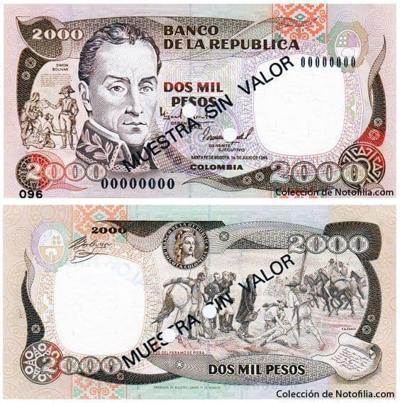 Billete colombiano specimen de 2.000 pesos oro de 1993, impreso por la Imprenta de Billetes del Banco de la República