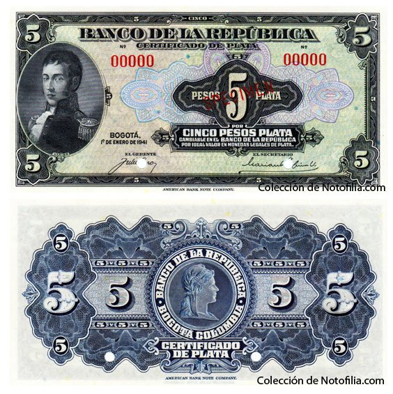 Billete de Cinco Pesos, Certificado de Plata, de El Banco de la República, anverso y reverso, con el retrato de Simón Bolívar