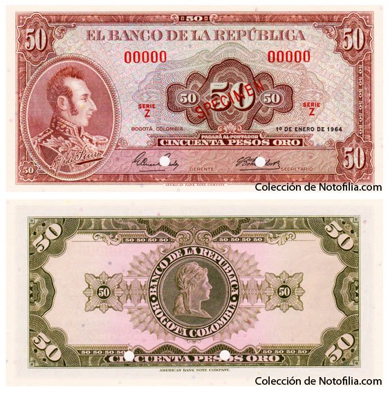 Billete especimen de Cincuenta Pesos Oro de El Banco de la República, anverso y reverso, con el retrato de Simón Bolívar