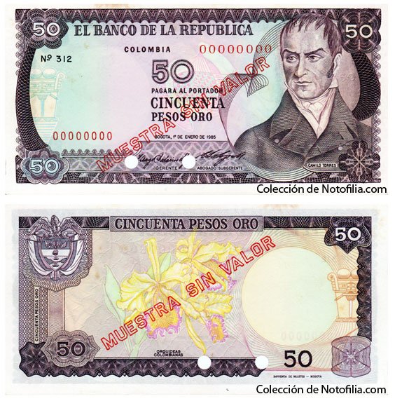 Billete especimen de Cincuenta Pesos Oro de El Banco de la República, Colombia, fechado 1 de enero de 1985, anverso con el retrato de Camilo Torres y reverso con orquídeas colombianas