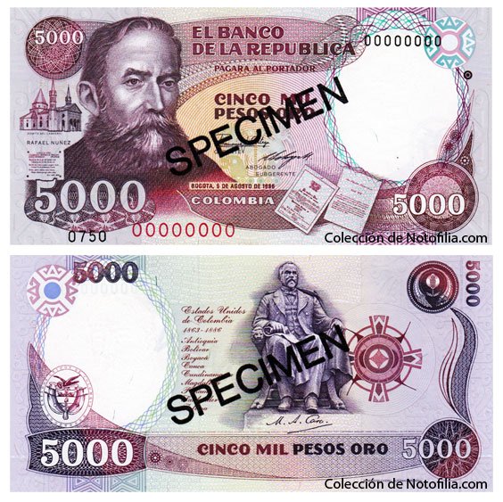 Anverso y reverso del billete specimen colombiano de 5.000 pesos oro de 1986 con Rafael Núñez