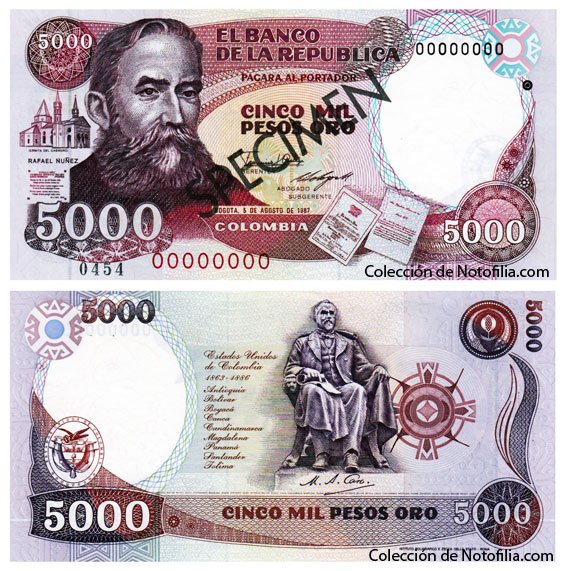 Billete especimen de Cinco Mil Pesos Oro de El Banco de la República, anverso y reverso, con el retrato de Rafael Núñez y la estatua de Miguel Antonio Caro