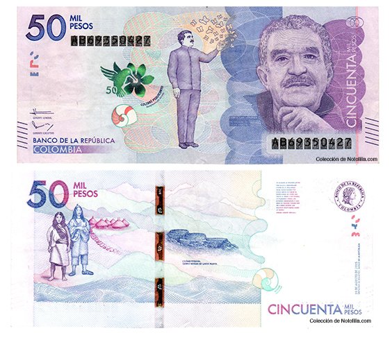 Billete de 50 Mil Pesos de El Banco de la República, anverso y reverso, con el retrato de Gabriel García Márquez, mostrando un error de impresión en la numeración