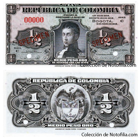 Billete especimen de Medio Peso Oro de El Banco de la República, anverso y reverso, conocido como Lleritas