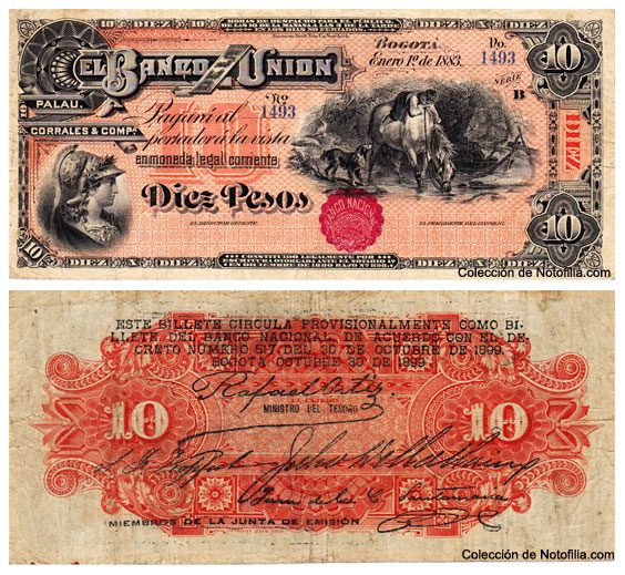 Billete de Diez Pesos de El Banco de la Unión, Bogotá, anverso y reverso