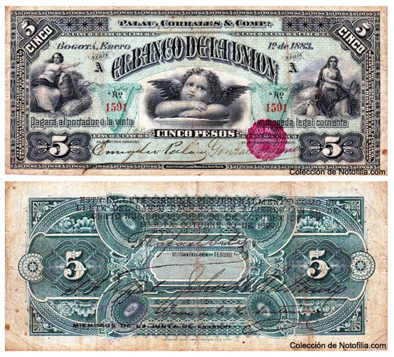 Billete de Cinco Pesos de El Banco de la Unión, Bogotá, anverso y reverso