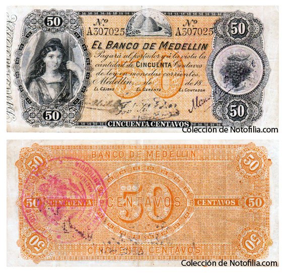 Billete de Cincuenta Centavos de El Banco de Medellín, anverso arriba con retrato femenino y viñeta de colmena, reverso abajo con guilloché anaranjado y sello circular rosado