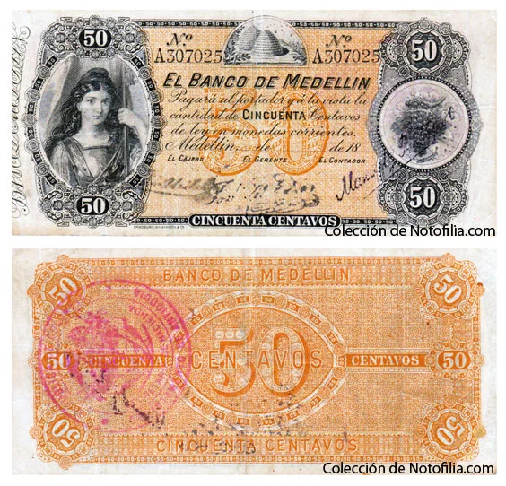 Billete de 50 centavos del Banco de Medellín, emisión de la banca libre, anverso y reverso