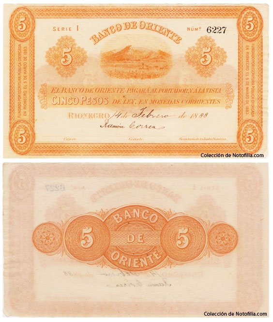 Billete de Cinco Pesos de El Banco de Oriente, Rionegro, anverso y reverso