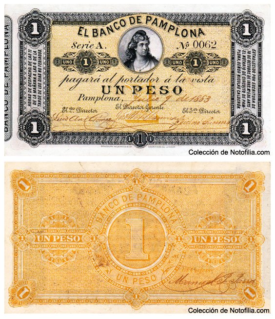 Billete de Un Peso de El Banco de Pamplona, anverso arriba con viñeta de busto femenino clásico y firmas de directores, reverso abajo en tinta anaranjada