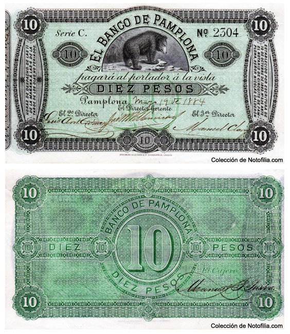 Billete de Diez Pesos de El Banco de Pamplona, segundo ejemplar Serie C N.º 2304, anverso arriba y reverso abajo