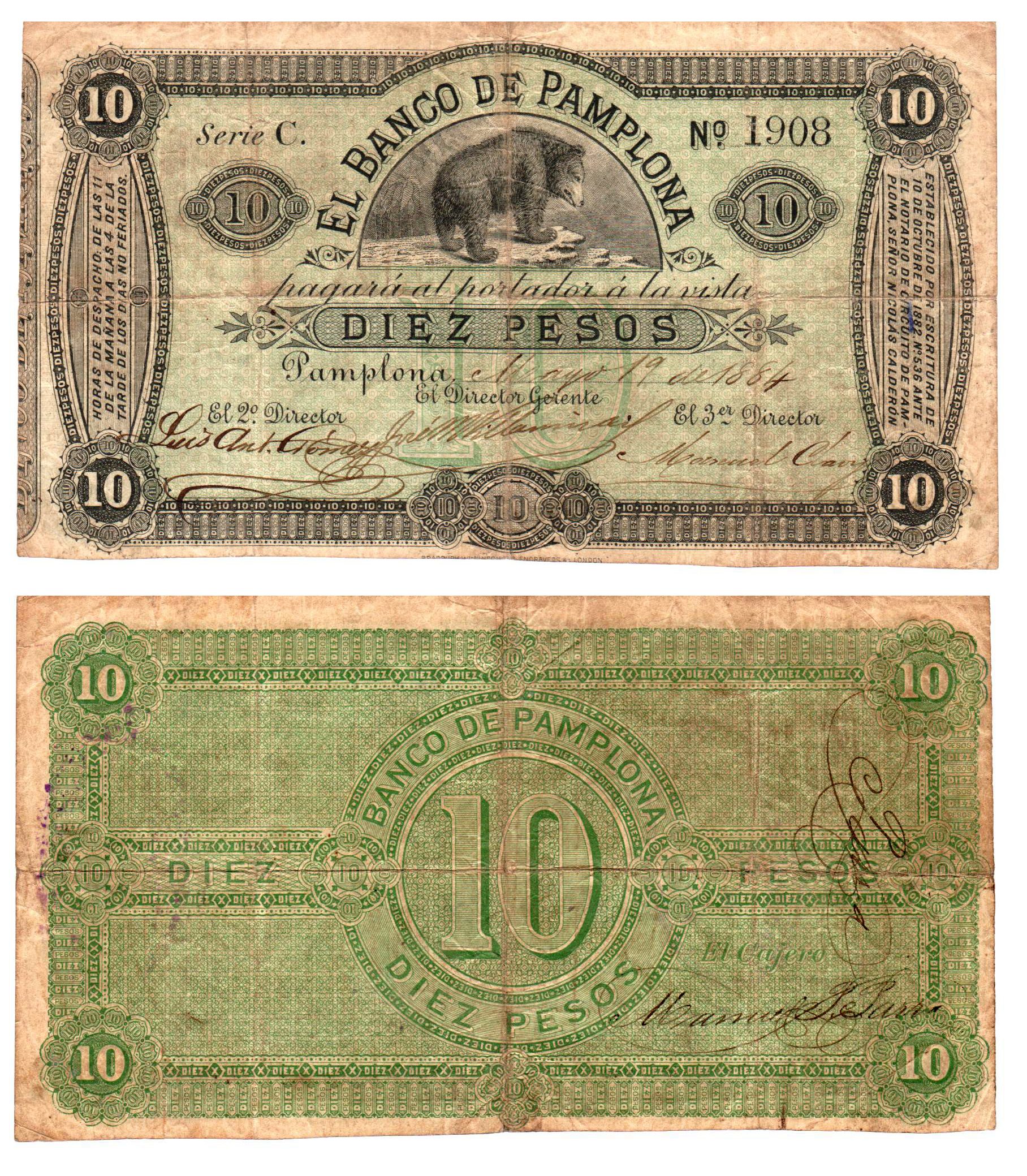 Billete de Diez Pesos de El Banco de Pamplona, anverso arriba con viñeta de oso y firmas de directores, reverso abajo en tinta verde