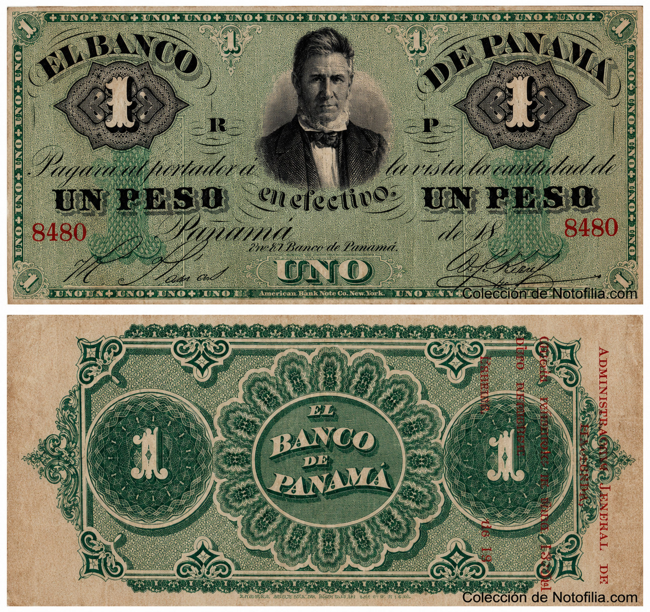 Billete de Un Peso de El Banco de Panamá, anverso y reverso