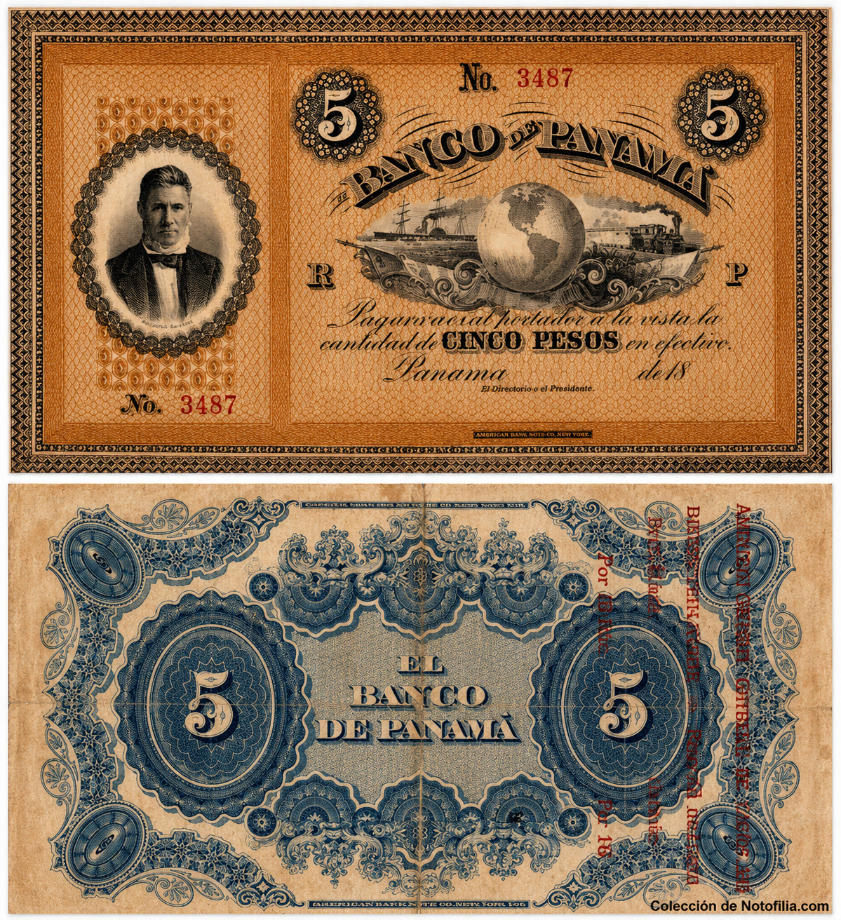 Billete de Cinco Pesos de El Banco de Panamá, anverso y reverso