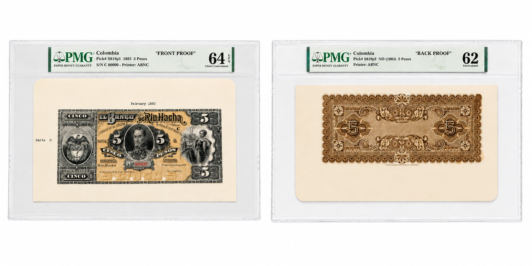 Pruebas PMG del 5 pesos del Banco de Rio Hacha, 1883, anverso y reverso encapsulados