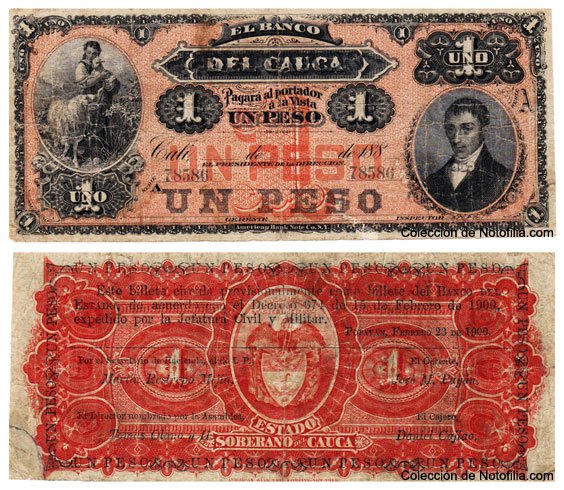 Billete de Un Peso de El Banco del Cauca, anverso y reverso, con viñetas alegóricas y retrato, Cali, 1888