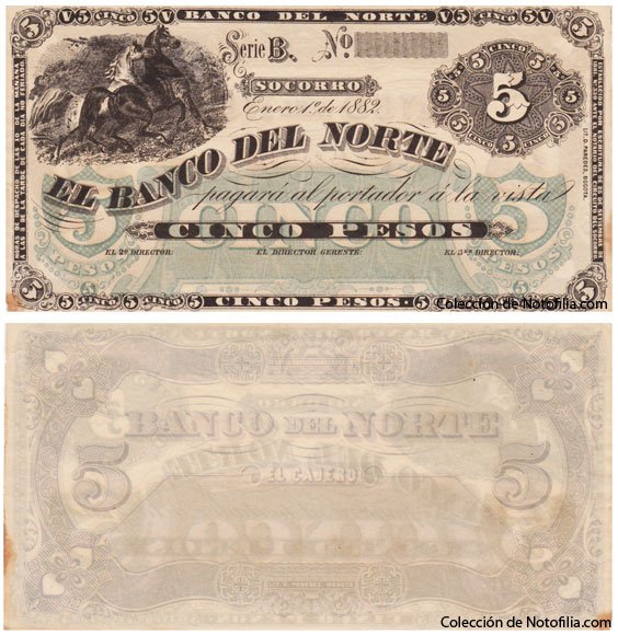 Billete de Cinco Pesos de El Banco del Norte, Socorro, anverso y reverso