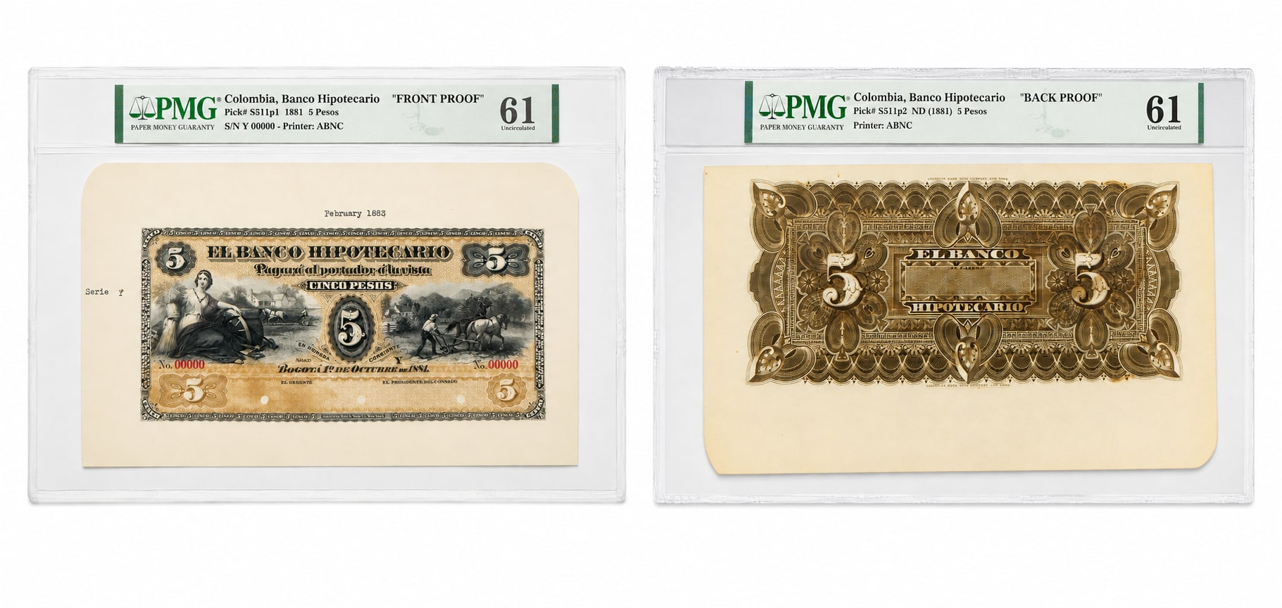 Pruebas PMG del 5 pesos del Banco Hipotecario de Bogotá, 1881, anverso y reverso encapsulados
