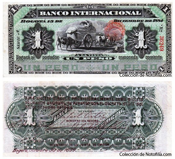 Billete de Un Peso de El Banco Internacional, anverso arriba con viñeta de carreta de bueyes y sello rojo, reverso abajo con guilloché verde