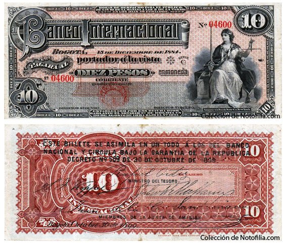 Billete de Diez Pesos de El Banco Internacional, anverso arriba con la Justicia, reverso abajo en tinta roja