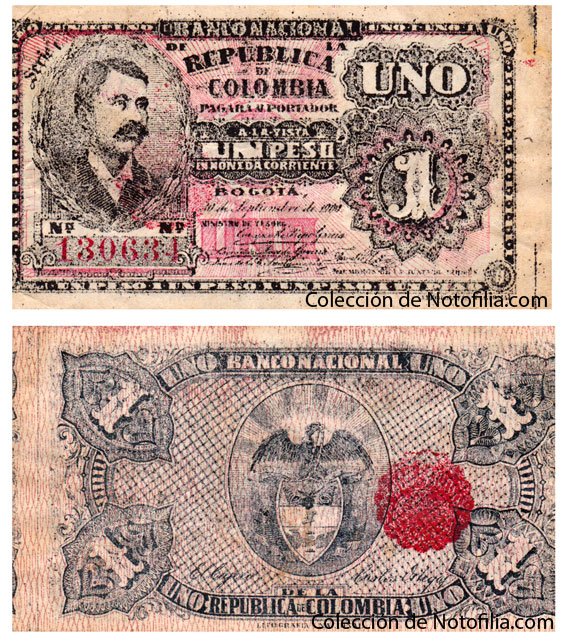 Billete de Un Peso de El Banco Nacional de la República de Colombia, Serie O, anverso arriba con retrato del General Francisco de Paula Santander, reverso abajo con el escudo de armas de Colombia y sello circular rojo
