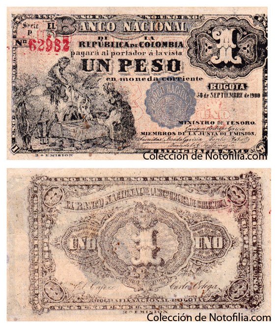 Billete de Un Peso de El Banco Nacional de la República de Colombia, anverso arriba con viñeta de campesino a caballo y rosetón con el numeral 1, reverso abajo con medallón floral y la palabra UNO