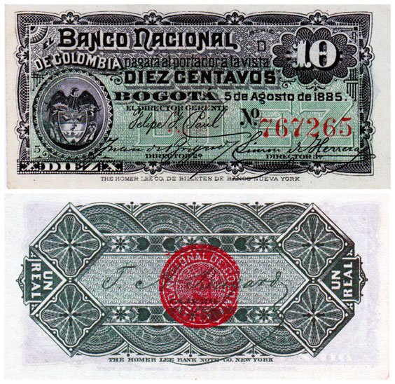 Billete de Diez Centavos de El Banco Nacional de Colombia, Serie D, anverso arriba en tinta negra sobre subimpreso verde con escudo de Colombia, reverso abajo en tinta verde oscuro con entrelazado de cintas y sello circular rojo