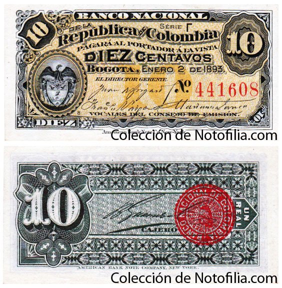 Billete de Diez Centavos de El Banco Nacional de la República de Colombia, Série Gamma, anverso arriba en tono ocre con escudo de Colombia y numeración roja, reverso abajo en tinta verde con gran cifra 10 y sello circular rojo del Banco Nacional